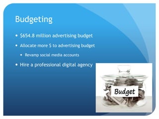 Budgeting
 $654.8 million advertising budget
 Allocate more $ to advertising budget
 Revamp social media accounts
 Hire a professional digital agency
 