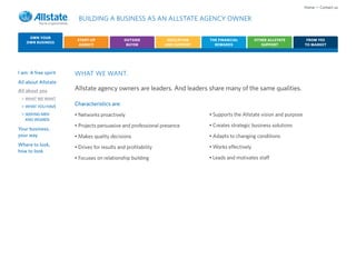Home • Contact us

                       BUILDING A BUSINESS AS AN ALLSTATE AGENCY OWNER

     OWN YOUR
                       START-UP               OUTSIDE           EDUCATION    THE FINANCIAL         OTHER ALLSTATE          FROM YES
    OWN BUSINESS
                        AGENCY                 BUYER           AND SUPPORT     REWARDS                SUPPORT             TO MARKET




I am: A free spirit   WHAT WE WANT.
All about Allstate
All about you         Allstate agency owners are leaders. And leaders share many of the same qualities.
 > WHAT WE WANT
 > WHAT YOU HAVE
                      Characteristics are:
 > SEEKING MEN        • Networks proactively                                 • Supports the Allstate vision and purpose
   AND WOMEN
                      • Projects persuasive and professional presence        • Creates strategic business solutions
Your business,
your way              • Makes quality decisions                              • Adapts to changing conditions
Where to look,        • Drives for results and profitability                 • Works effectively
how to look
                      • Focuses on relationship building                     • Leads and motivates staff
 