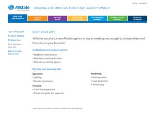 Home • Contact us

                         BUILDING A BUSINESS AS AN ALLSTATE AGENCY OWNER

     OWN YOUR
                        START-UP                             OUTSIDE                           EDUCATION             THE FINANCIAL       OTHER ALLSTATE    FROM YES
    OWN BUSINESS
                         AGENCY                               BUYER                           AND SUPPORT              REWARDS              SUPPORT       TO MARKET




I am: A free spirit   DO IT YOUR WAY.
All about Allstate
All about you
                      Whether you start a new Allstate agency or buy an existing one, you get to choose where and
Your business,        how you run your business.*
your way
Where to look,        Understand your location options.
how to look           • Establish a new location
                      • Maintain an existing location
                      • Relocate an existing agency


                      Develop your business plan.
                      Operation                                                                                      Marketing
                      • Staffing                                                                                     • Demographics
                      • Business processes                                                                           • Lead generation
                                                                                                                     • Advertising
                      Financial
                      • Cash flow projections
                      • Production goals and expenses




                      *Subject to all terms and conditions as outlined in the Allstate Exclusive Agency Agreement.
 