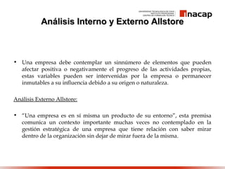 Análisis Interno y Externo AllstoreAnálisis Interno y Externo Allstore
• Una empresa debe contemplar un sinnúmero de elementos que pueden
afectar positiva o negativamente el progreso de las actividades propias,
estas variables pueden ser intervenidas por la empresa o permanecer
inmutables a su influencia debido a su origen o naturaleza.
Análisis Externo Allstore:
• “Una empresa es en sí misma un producto de su entorno”, esta premisa
comunica un contexto importante muchas veces no contemplado en la
gestión estratégica de una empresa que tiene relación con saber mirar
dentro de la organización sin dejar de mirar fuera de la misma.
 