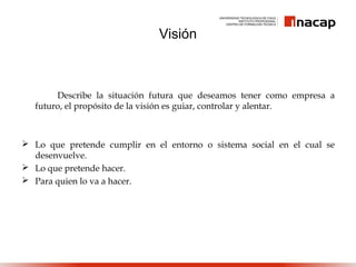 Describe la situación futura que deseamos tener como empresa a
futuro, el propósito de la visión es guiar, controlar y alentar.
 Lo que pretende cumplir en el entorno o sistema social en el cual se
desenvuelve.
 Lo que pretende hacer.
 Para quien lo va a hacer.
Visión
 