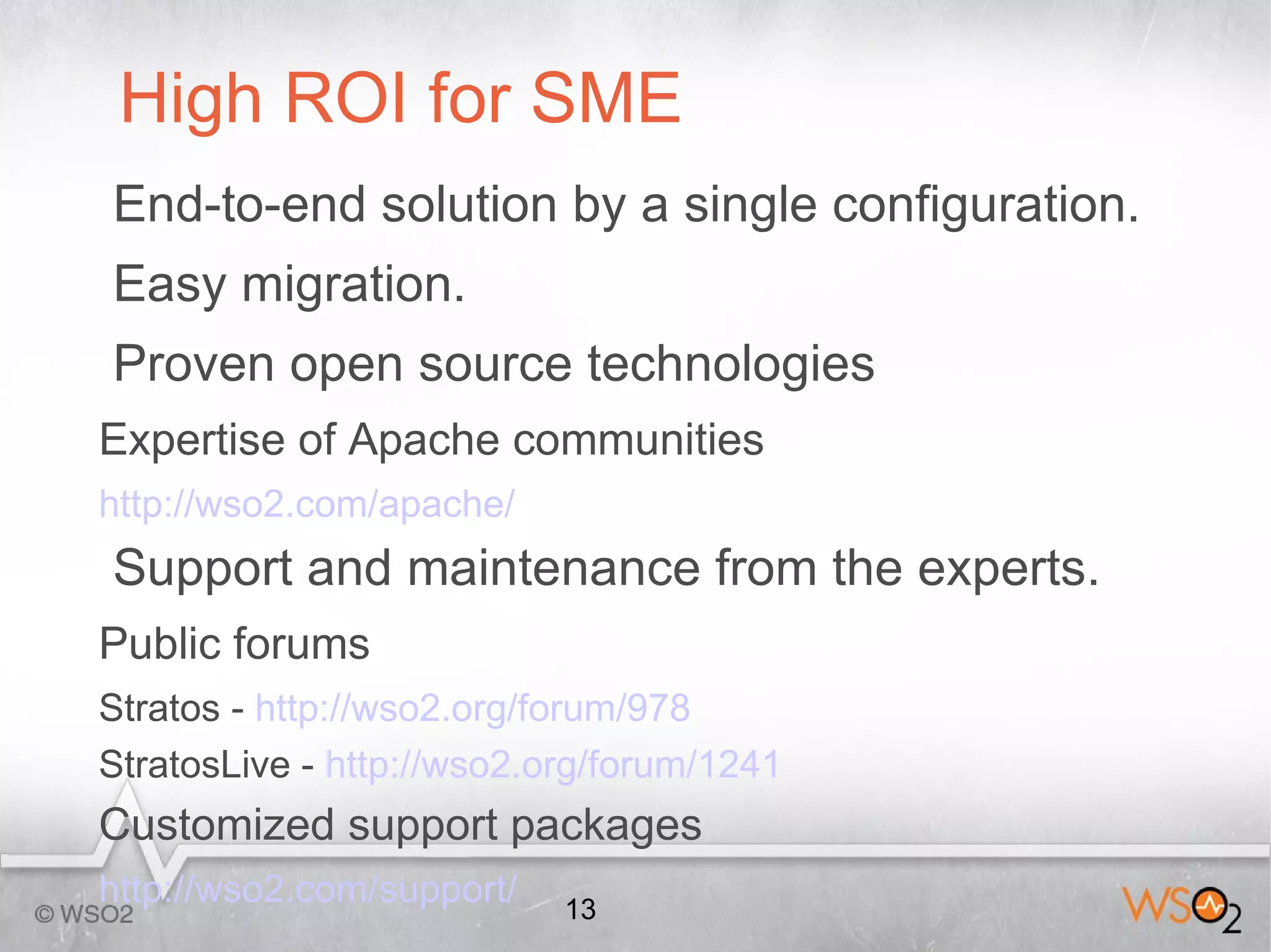 High ROI for SME
End-to-end solution by a single configuration.
Easy migration.
Proven open source technologies
Expertise of Apache communities
http://wso2.com/apache/
Support and maintenance from the experts.
Public forums
Stratos - http://wso2.org/forum/978
StratosLive - http://wso2.org/forum/1241
Customized support packages
http://wso2.com/support/   13
 