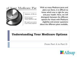 Understanding Your Medicare Options From Part A to Part D With so many Medicare parts and  plans out there, it is difficult to  know which one is right for you  and your health. Here, we will  distinguish between the different  options for those with Medicare  eligibility and answer questions  about the different plans available.  