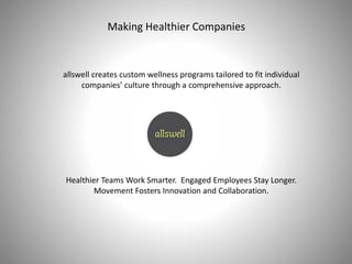 Making Healthier Companies
allswell creates custom wellness programs tailored to fit individual
companies’ culture through a comprehensive approach.
Healthier Teams Work Smarter. Engaged Employees Stay Longer.
Movement Fosters Innovation and Collaboration.
 