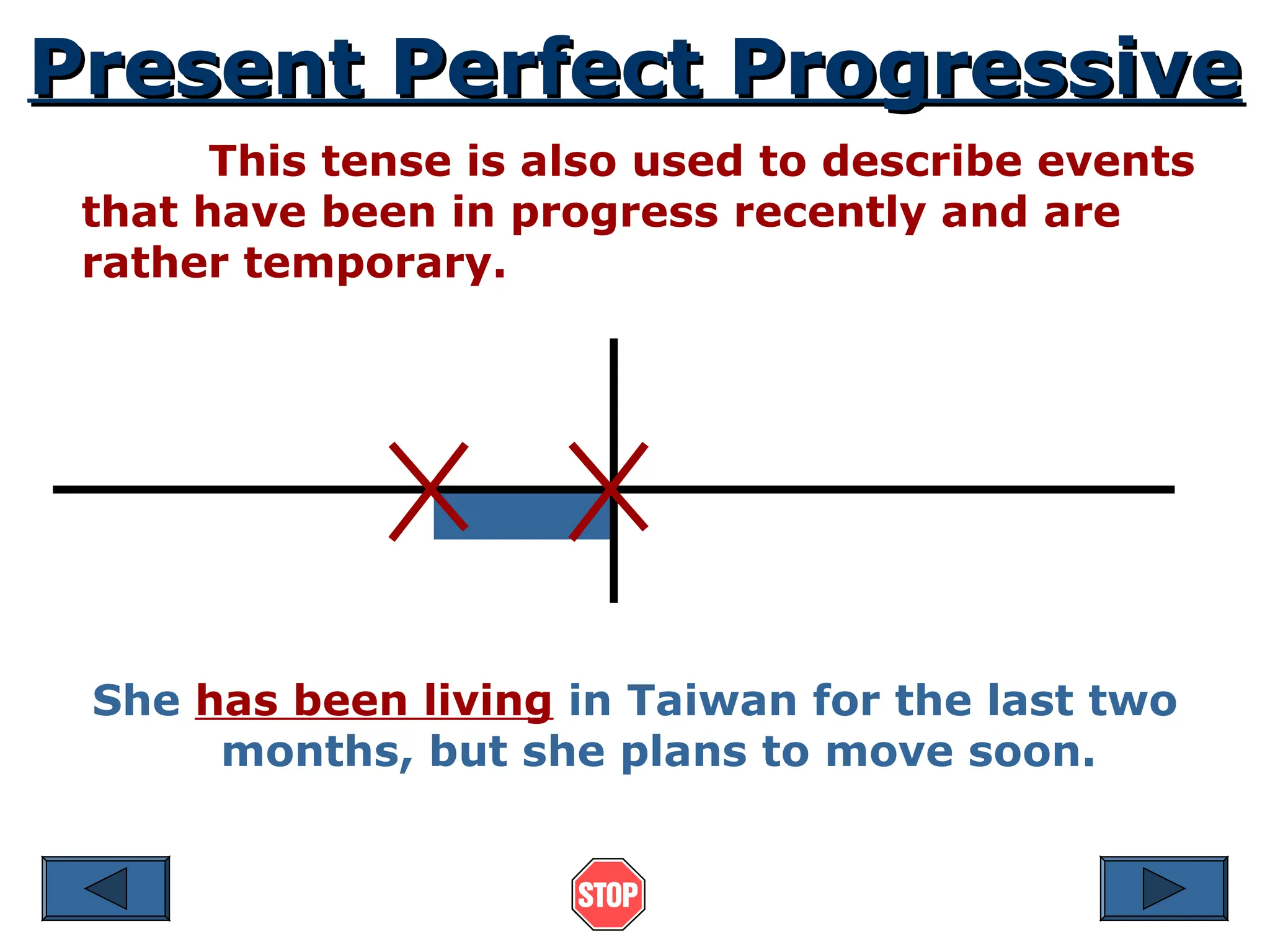 Present Perfect Progressive
Present Perfect Progressive
This tense is also used to describe events
that have been in progress recently and are
rather temporary.
She has been living in Taiwan for the last two
months, but she plans to move soon.
 