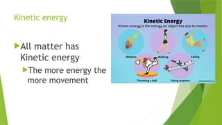 Kinetic energy
All matter has
Kinetic energy
The more energy the
more movement
 