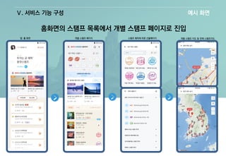 Ⅴ. 서비스 기능 구성 예시 화면
홈화면의 스탬프 목록에서 개별 스탬프 페이지로 진입
앱 홈 화면 개별 스탬프 페이지 스탬프 획득에 따른 선물페이지 개별 스탬프 지도 및 전체 스탬프지도
 