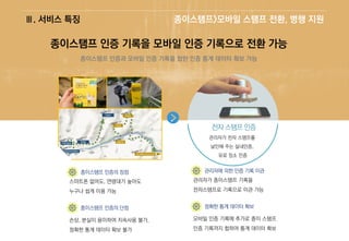 Ⅲ. 서비스 특징 종이스탬프>모바일 스탬프 전환, 병행 지원
종이스탬프 인증 기록을 모바일 인증 기록으로 전환 가능
종이스탬프 인증과 모바일 인증 기록을 합한 인증 통계 데이터 확보 가능
관리자가 전자 스탬프를
날인해 주는 실내인증,
유료 장소 인증
스마트폰 없어도, 연령대가 높아도
누구나 쉽게 이용 가능
손상, 분실이 용이하여 지속사용 불가,
정확한 통계 데이터 확보 불가
관리자가 종이스탬프 기록을
전자스탬프로 기록으로 이관 가능
모바일 인증 기록에 추가로 종이 스탬프
인증 기록까지 합하여 통계 데이터 확보
 