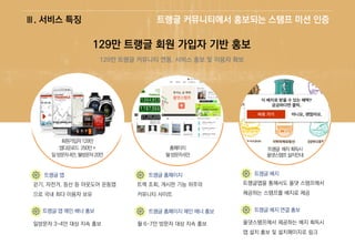 Ⅲ. 서비스 특징 트랭글 커뮤니티에서 홍보되는 스탬프 미션 인증
129만 트랭글 회원 가입자 기반 홍보
129만 트랭글 커뮤니티 연동, 서비스 홍보 및 이용자 확보
걷기, 자전거, 등산 등 아웃도어 운동앱
으로 국내 최다 이용자 보유
일방문자 3~4만 대상 지속 홍보
트랙 조회, 게시판 기능 위주의
커뮤니티 사이트
월 6~7만 방문자 대상 지속 홍보
트랭글앱을 통해서도 올댓 스탬프에서
제공하는 스탬프를 배지로 제공
올댓스탬프에서 제공하는 배지 획득시
앱 설치 홍보 및 설치페이지로 링크
 