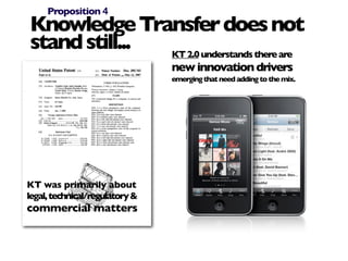 Proposition 4
Knowledge Transfer does not
stand still... KT 2.0 understands there are
                                new innovation drivers
                                emerging that need adding to the mix.




KT was primarily about
legal, technical/regulatory &
commercial matters
 