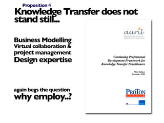 Proposition 4
Knowledge Transfer does not
stand still...

Business Modelling
Virtual collaboration &
project management
Design expertise


again begs the question
why employ..?
 