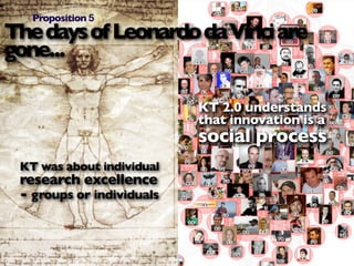 Proposition 5
The days of Leonardo da Vinci are
gone...

                           KT 2.0 understands
                           that innovation is a
                           social process
 KT was about individual
 research excellence
 - groups or individuals
 