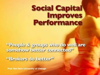 Social Capital
                          Improves
                      Performance

“People & groups who do well are
somehow better connected”
“Brokers do better”
Prof. Ron Burt University of Chicago
 