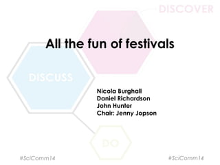 All the fun of festivals
Nicola Burghall
Daniel Richardson
John Hunter
Chair: Jenny Jopson
#SciComm14 #SciComm14
 
