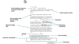 Scene heading- comes up
on screen to start the
scene.
Action- queen concert
Scene heading- The
interior of the
setting
Extension
Characters
introduced
Dialogu
e
Moment Freddy
dies
Character introduced
Scene heading.
Continued
 