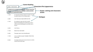 Action- setting and characters
action
Dialogue
Scene Heading
Characters first appearance
 