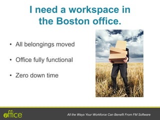 I need a workspace in
the Boston office.
•  All belongings moved
•  Office fully functional
•  Zero down time
All the Ways Your Workforce Can Benefit From FM Software
 