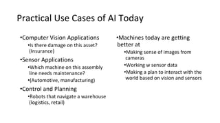 Practical Use Cases of AI Today
•Computer Vision Applications
•Is there damage on this asset?
(Insurance)
•Sensor Applications
•Which machine on this assembly
line needs maintenance?
•(Automotive, manufacturing)
•Control and Planning
•Robots that navigate a warehouse
(logistics, retail)
•Machines today are getting
better at
•Making sense of images from
cameras
•Working w sensor data
•Making a plan to interact with the
world based on vision and sensors
 