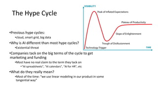 The Hype Cycle
•Previous hype cycles:
•cloud, smart grid, big data
•Why is AI different than most hype cycles?
•Existential threat
•Companies tack on the big terms of the cycle to get
marketing and funding
•Most have no real claim to the term they tack on
•“AI spreadsheets”, “AI calendars”, “AI for HR”, etc
•What do they really mean?
•Most of the time: “we use linear modeling in our product in some
tangential way”
 