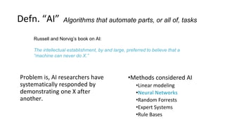 Defn. “AI”
•Methods considered AI
•Linear modeling
•Neural Networks
•Random Forrests
•Expert Systems
•Rule Bases
Algorithms that automate parts, or all of, tasks
Russell and Norvig’s book on AI:
The intellectual establishment, by and large, preferred to believe that a
“machine can never do X.”
Problem is, AI researchers have
systematically responded by
demonstrating one X after
another.
 