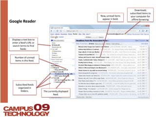 Google ReaderDownloads subscribed items to your computer for offline browsing.New, unread items appear in bold.Displays a text box to enter a feed’s URL or search terms to find feeds.Number of unread items in this feed.Subscribed feeds organized in folders.The currently displayed feed.