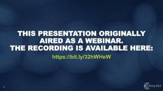 2
https://bit.ly/32hWHeW
THIS PRESENTATION ORIGINALLY
AIRED AS A WEBINAR.
THE RECORDING IS AVAILABLE HERE:
 