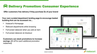 Instacart Confidential27
Delivery Promotion: Consumer Experience
Offer customers free delivery if they purchase $x of your brand
Your own curated department landing page to encourage basket
building that can be accessed via...
• Instacart’s Homepage
• Relevant departments while browsing
• Full screen takeover when you add an item
• Full screen takeover at checkout
Customers can stack promotions to increase
savings ($5 off for each additional promotion
redeemed)
Buy $10.81 more, get Free Delivery*
 