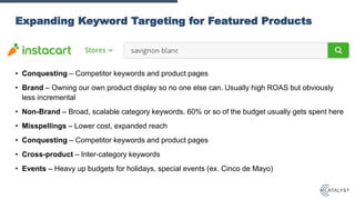 Expanding Keyword Targeting for Featured Products
• Conquesting – Competitor keywords and product pages
• Brand – Owning our own product display so no one else can. Usually high ROAS but obviously
less incremental
• Non-Brand – Broad, scalable category keywords. 60% or so of the budget usually gets spent here
• Misspellings – Lower cost, expanded reach
• Conquesting – Competitor keywords and product pages
• Cross-product – Inter-category keywords
• Events – Heavy up budgets for holidays, special events (ex. Cinco de Mayo)
 