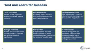Test and Learn for Success
Clear Evaluation
Be clear on test objectives,
evaluation criteria & possible
outcomes
Risk Estimation
Accurately predict deviation
from existing performance to
weigh opportunity cost
Scale of Opportunity
Map out use case / impact to
other channels, campaigns and
brands within the portfolio
Manage variables
All tests should have a control,
limit the number of variables
and achieve statistical
significance
Fail Quickly
Budget and time allocated
should be limited to what is
required for stat sig; maximizing
the number of possible tests
Communicate
Ensure testing plans and
results are communicated
quickly across the brand
organization, channel leaders
and agency partners
50
 