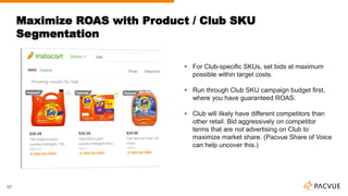 Maximize ROAS with Product / Club SKU
Segmentation
57
• For Club-specific SKUs, set bids at maximum
possible within target costs.
• Run through Club SKU campaign budget first,
where you have guaranteed ROAS.
• Club will likely have different competitors than
other retail. Bid aggressively on competitor
terms that are not advertising on Club to
maximize market share. (Pacvue Share of Voice
can help uncover this.)
 