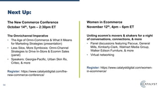 The New Commerce Conference
October 14th, 1pm – 2:30pm ET
The Omnichannel Imperative
• The Age of Omni-Commerce & What It Means
for Marketing Strategies (presentation)
• Less Silos, More Symbiosis: Omni-Channel
Strategies to Drive In-Store & Ecomm Sales
(panel)
• Speakers: Georgia-Pacific, Urban Skin Rx,
Criteo, & more
Register: https://www.catalystdigital.com/the-
new-commerce-conference/
Next Up:
64
Women in Ecommerce
November 12th, 4pm – 6pm ET
Uniting ecomm’s movers & shakers for a night
of conversations, connections, & more
• Panel discussions featuring Pacvue, General
Mills, Kimberly-Clark, Walmart Media Group,
Walker Edison Furniture, & more
• Virtual networking
Register: https://www.catalystdigital.com/women-
in-ecommerce/
 