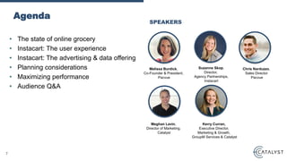 • The state of online grocery
• Instacart: The user experience
• Instacart: The advertising & data offering
• Planning considerations
• Maximizing performance
• Audience Q&A
Agenda
7
SPEAKERS
Melissa Burdick,
Co-Founder & President,
Pacvue
Suzanne Skop,
Director,
Agency Partnerships,
Instacart
Kerry Curran,
Executive Director,
Marketing & Growth,
GroupM Services & Catalyst
Meghan Lavin,
Director of Marketing,
Catalyst
Chris Narduzzo,
Sales Director
Pacvue
 