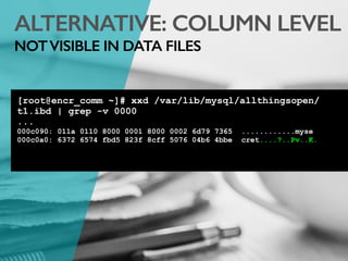 ALTERNATIVE: COLUMN LEVEL
NOTVISIBLE IN DATA FILES
[root@encr_comm ~]# xxd /var/lib/mysql/allthingsopen/
t1.ibd | grep -v 0000
...
000c090: 011a 0110 8000 0001 8000 0002 6d79 7365 ............myse
000c0a0: 6372 6574 fbd5 823f 8cff 5076 04b6 4bbe cret....?..Pv..K.
 
