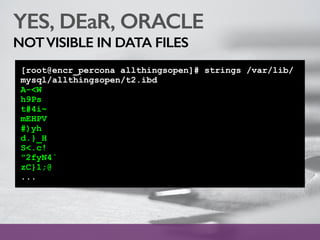 YES, DEaR, ORACLE
NOTVISIBLE IN DATA FILES
[root@encr_percona allthingsopen]# strings /var/lib/
mysql/allthingsopen/t2.ibd
A-<W
h9Ps
t#4i~
mEHPV
#)yh
d.}_H
S<.c!
"2fyN4`
zC}1;@
...
 