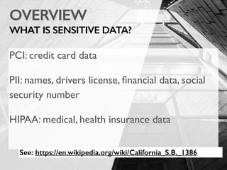 OVERVIEW
WHAT IS SENSITIVE DATA?
PCI: credit card data
PII: names, drivers license, ﬁnancial data, social
security number
HIPAA: medical, health insurance data
See: https://en.wikipedia.org/wiki/California_S.B._1386
 