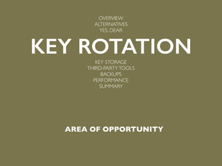 AREA OF OPPORTUNITY
OVERVIEW
ALTERNATIVES
YES, DEAR
KEY ROTATIONKEY STORAGE
THIRD-PARTYTOOLS
BACKUPS
PERFORMANCE
SUMMARY
 