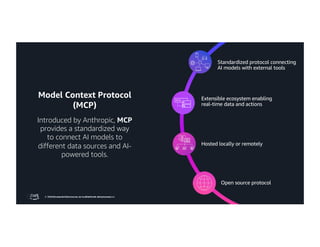 © 2026, Amazon Web Services, Inc. or its affiliates. All rights reserved.
Model Context Protocol
(MCP)
Introduced by Anthropic, MCP
provides a standardized way
to connect AI models to
different data sources and AI-
powered tools.
© 2026, Amazon Web Services, Inc. or its affiliates. All rights reserved.
Standardized protocol connecting
AI models with external tools
Extensible ecosystem enabling
real-time data and actions
Hosted locally or remotely
Open source protocol
 