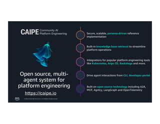 © 2026, Amazon Web Services, Inc. or its affiliates. All rights reserved.
Open source, multi-
agent system for
platform engineering
Secure, scalable, persona-driven reference
implementation
Built-in knowledge base retrieval to streamline
platform operations
Integrations for popular platform engineering tools
like Kubernetes, Argo CD, Backstage and more.
Drive agent interactions from CLI, developer portal
Built on open source technology including A2A,
MCP, Agntcy, LangGraph and OpenTelemetry
https://caipe.io
 