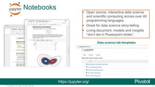 15© Copyright 2013 Pivotal. All rights reserved.
Notebooks
 Open source, interactive data science
and scientific computing across over 40
programming languages.
 Great for data science story-telling
 Living document, models and insights
“don’t die in Powerpoint slides”.
https://jupyter.org/
Data science lab templates
 