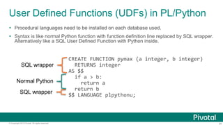 24© Copyright 2013 Pivotal. All rights reserved.
User Defined Functions (UDFs) in PL/Python
 Procedural languages need to be installed on each database used.
 Syntax is like normal Python function with function definition line replaced by SQL wrapper.
Alternatively like a SQL User Defined Function with Python inside.
CREATE FUNCTION pymax (a integer, b integer)
RETURNS integer
AS $$
if a > b:
return a
return b
$$ LANGUAGE plpythonu;
SQL wrapper
SQL wrapper
Normal Python
 