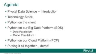 3© Copyright 2013 Pivotal. All rights reserved.
Agenda
 Pivotal Data Science – Introduction
 Technology Stack
 Python on the client
 Python on our Big Data Platform (BDS)
– Data Parallelism
– Model Parallelism
 Python on our Cloud Platform (PCF)
 Putting it all together – demo!
 