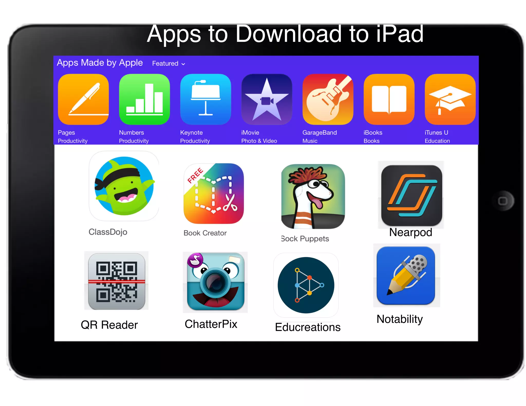 QR Reader
APPS to Download
ChatterPix Notability
Nearpod
Educreations
Apps to Download to iPad
 