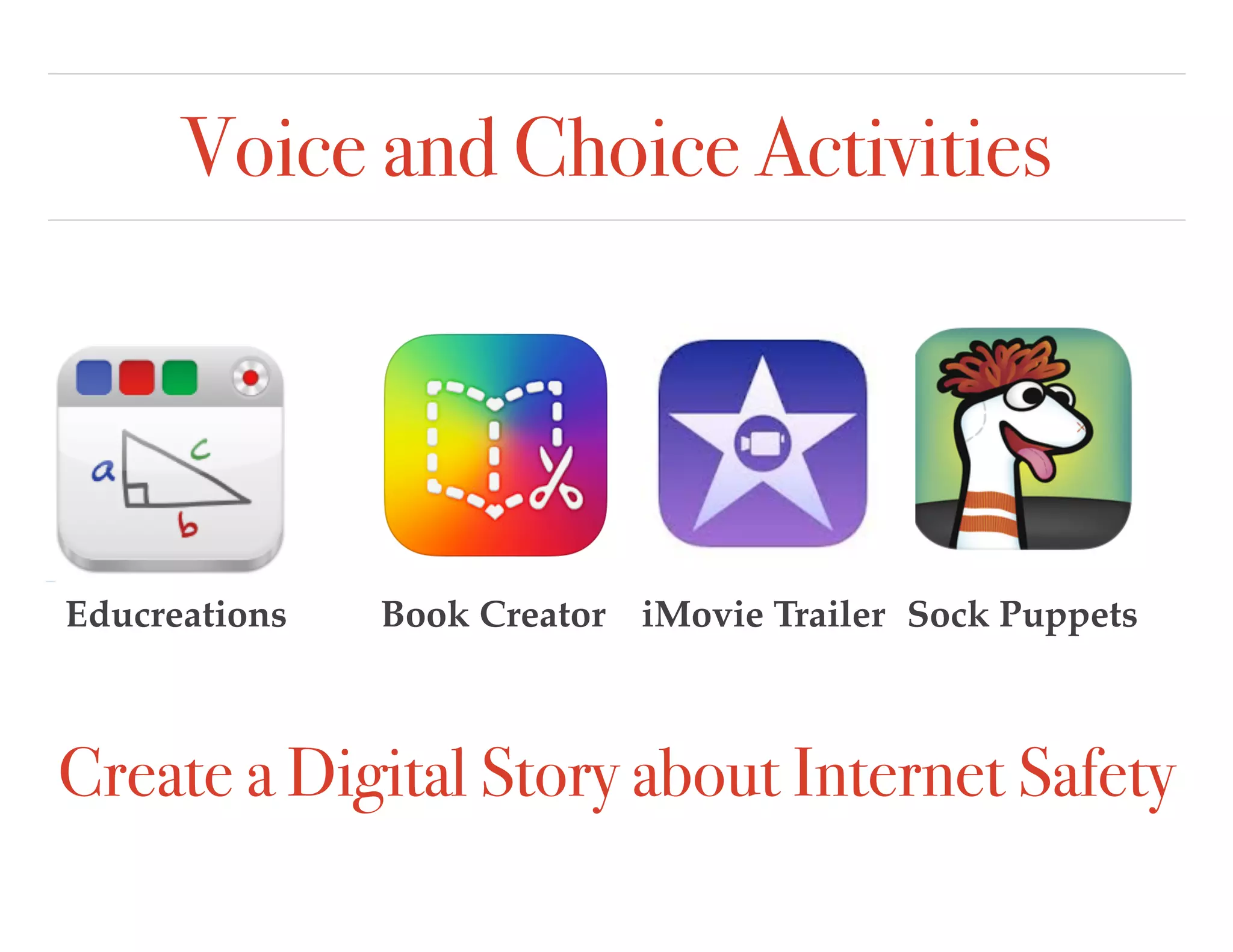 Voice and Choice Activities
Create a Digital Story about Internet Safety
Book Creator Sock PuppetsEducreations iMovie Trailer
 