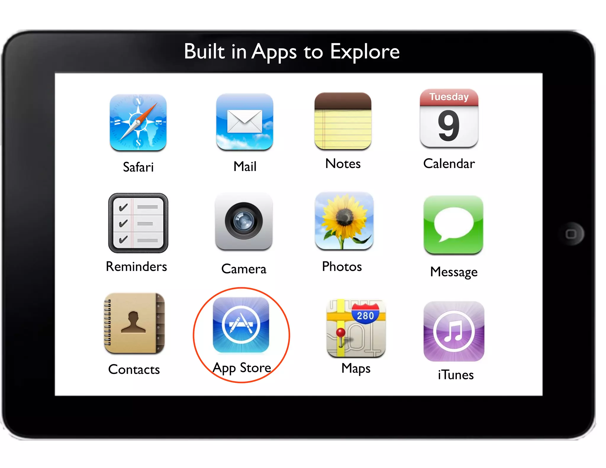 Built in Apps to Explore
Camera
Safari Mail
Photos Message
Calendar
Contacts
Reminders
Notes
App Store Maps iTunes
 