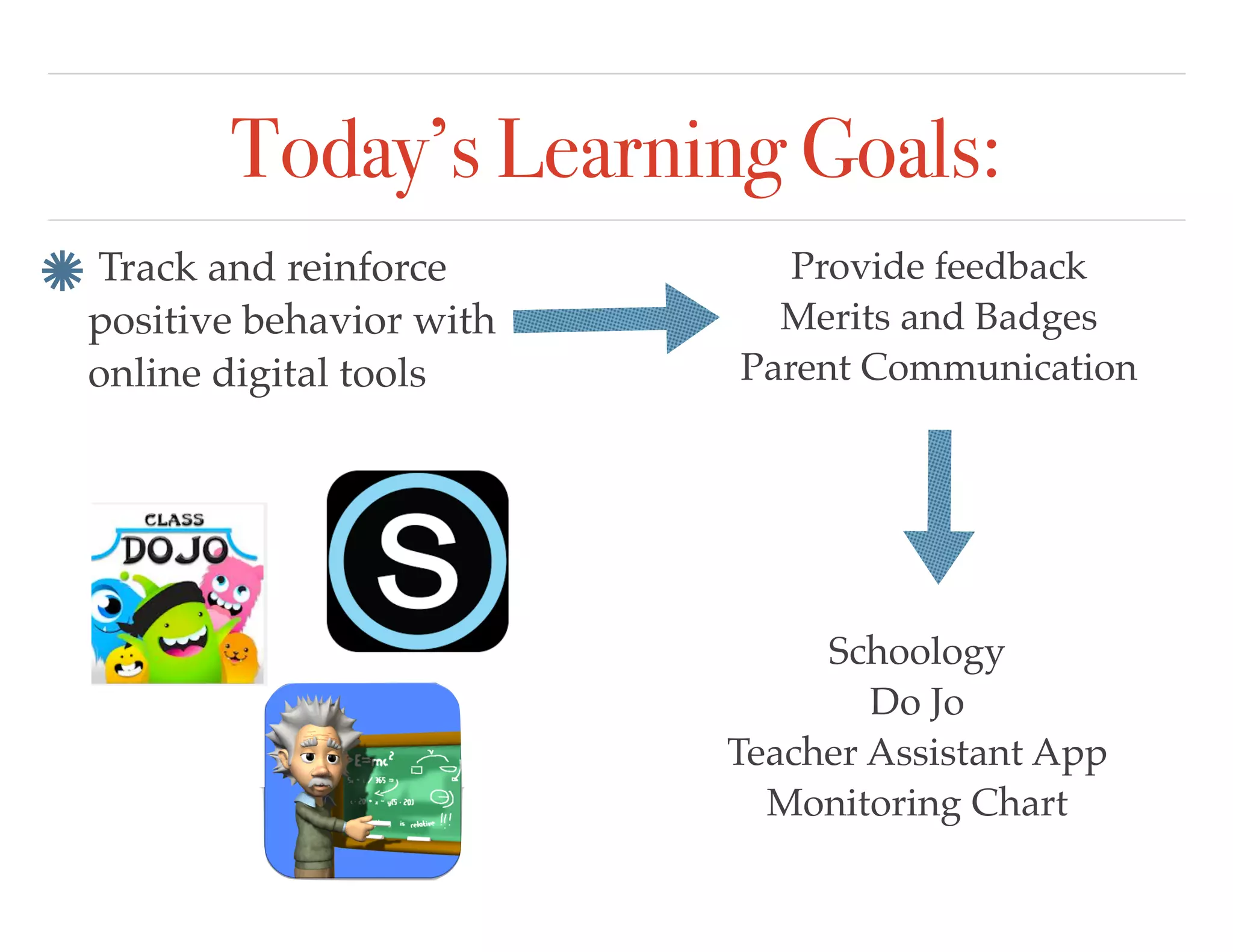 Today’s Learning Goals:
Track and reinforce
positive behavior with
online digital tools
Provide feedback
Merits and Badges
Parent Communication
Schoology
Do Jo
Teacher Assistant App
Monitoring Chart
 
