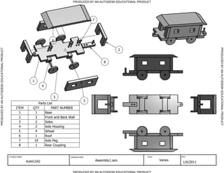PRODUCED BY AN AUTODESK EDUCATIONAL PRODUCT




                                                                                                       7




                                                                            6




                                                                                                                                                                PRODUCED BY AN AUTODESK EDUCATIONAL PRODUCT
PRODUCED BY AN AUTODESK EDUCATIONAL PRODUCT




                                                                                                                           2


                                                                                                                8




                                                                1
                                                                        4


                                                                             5
                                                                                                   3
                                                                    Parts List
                                                    ITEM        QTY          PART NUMBER
                                                      1           1     Base
                                                      2           2     Front and Back Wall
                                                      3           2     Sides
                                                      4           2     Axle Housing
                                                      5           4     Wheel
                                                      6           1     Roof
                                                      7          10     Axle Peg
                                                      8           1     Rear Coupling


                                              STUDENT NAME                              DRAWING NAME                               SCALE            DATE


                                                             Koht1342                                      Assembly1.iam                   Varies
                                                                                                                                                     1/6/2011

                                                                                          PRODUCED BY AN AUTODESK EDUCATIONAL PRODUCT
 