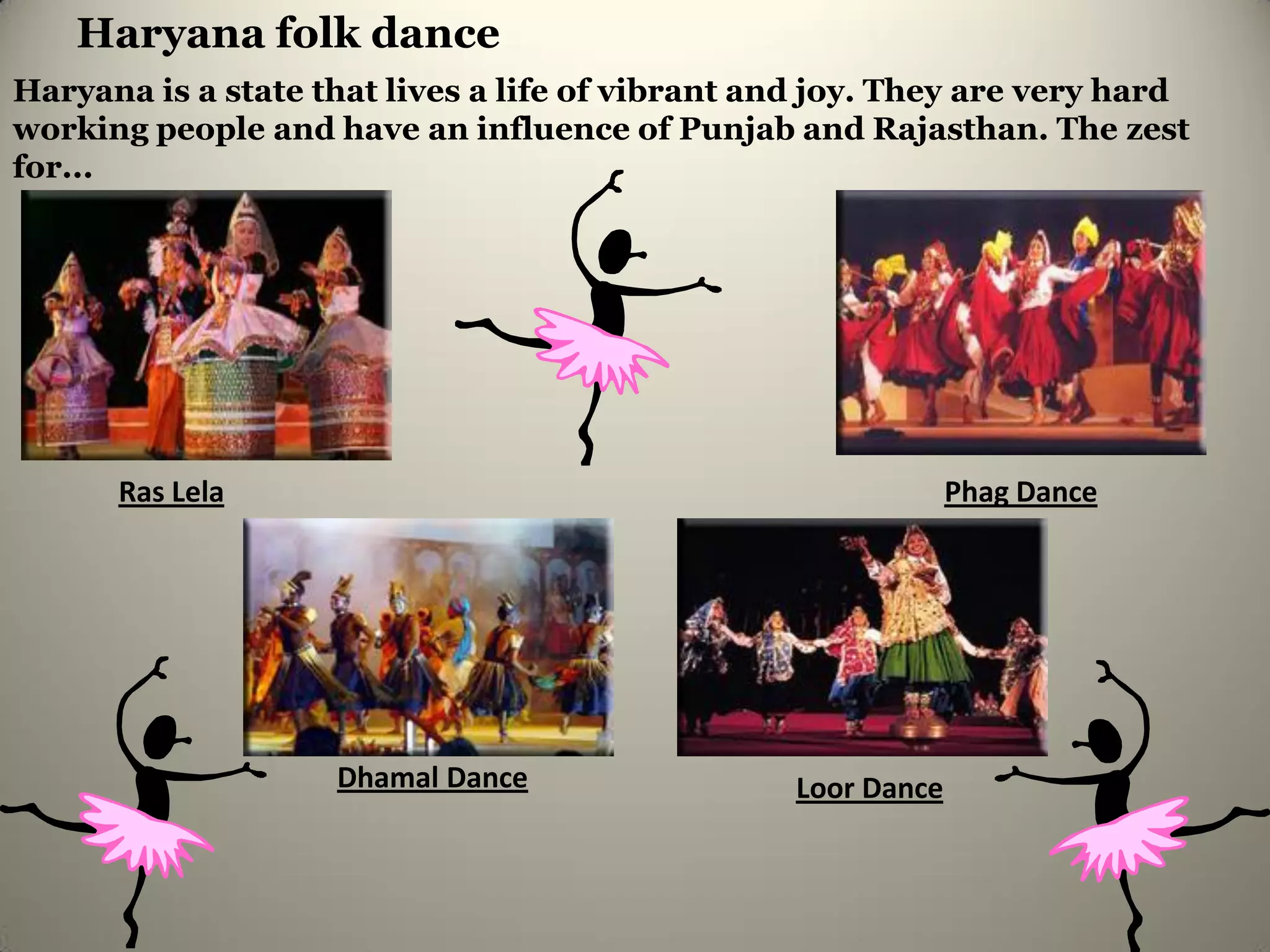 Haryana folk dance
Haryana is a state that lives a life of vibrant and joy. They are very hard
working people and have an influence of Punjab and Rajasthan. The zest
for...




      Ras Lela                                                Phag Dance




                    Dhamal Dance                 Loor Dance
 