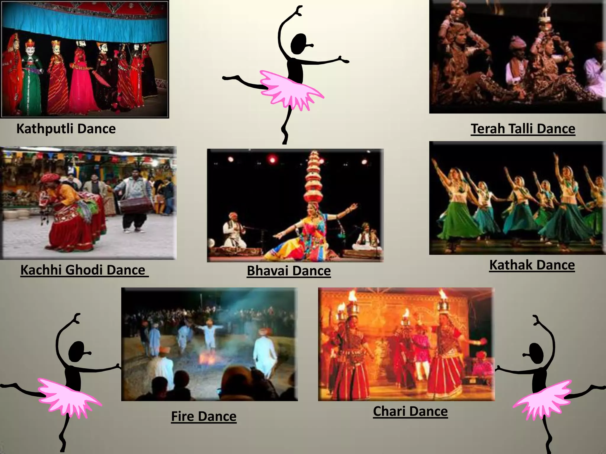 Kathputli Dance                                                Terah Talli Dance




Kachhi Ghodi Dance                Bhavai Dance                   Kathak Dance




                     Fire Dance                  Chari Dance
 