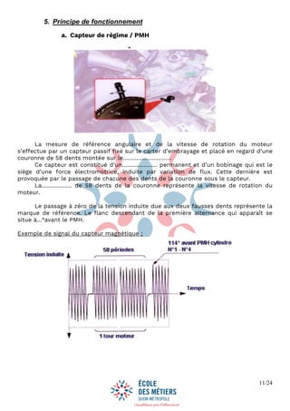 11/24
5. Principe de fonctionnement
a. Capteur de régime / PMH
La mesure de référence angulaire et de la vitesse de rotation du moteur
s’effectue par un capteur passif fixé sur le carter d’embrayage et placé en regard d’une
couronne de 58 dents montée sur le………………………..
Ce capteur est constitué d’un………………… permanent et d’un bobinage qui est le
siège d’une force électromotrice, induite par variation de flux. Cette dernière est
provoquée par le passage de chacune des dents de la couronne sous le capteur.
La……………… de 58 dents de la couronne représente la vitesse de rotation du
moteur.
Le passage à zéro de la tension induite due aux deux fausses dents représente la
marque de référence. Le flanc descendant de la première alternance qui apparaît se
situe à…°avant le PMH.
Exemple de signal du capteur magnétique :
 