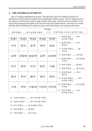 /}ˆ6FVwˆ
19. t«/¬ëR
20. B^ ˆ/63-ýÀm´‡sˆ
4 Where is it located? (2)
Make sentences according to the example.
Examples
Big Ben (8N½°Úõ)
Question: 8N½°ÚõvÞˆ #TV ¨óÌ#Tx§?
Response: ßîÄQT ½õ¥¾V ¨óÌ#Tx§.
1. The Eiffel Tower (VÏ1÷ö)
2. Ayer’s Rock (V#Twˆ?Õº)
3. Disneyland (yˆcBõsˆ)
4. The Great Wall (n´P;FVÞ¶Ä)
5. Mt Fuji (–µp´P)
6. Siberia (:R)
7. The Taj Mahal (®‰)
8. The Colosseum (¬Št«;VC·‹)
9. the Parthenon ( 